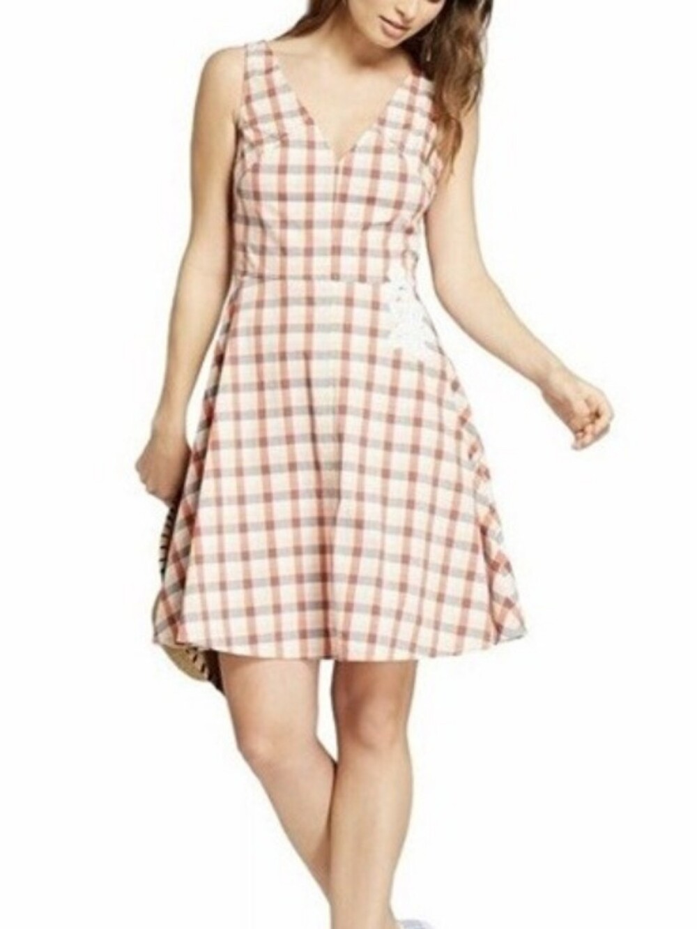 A New Day Coral Plaid Sleeveless Fit & Flare Dress with Embroidery Size 6